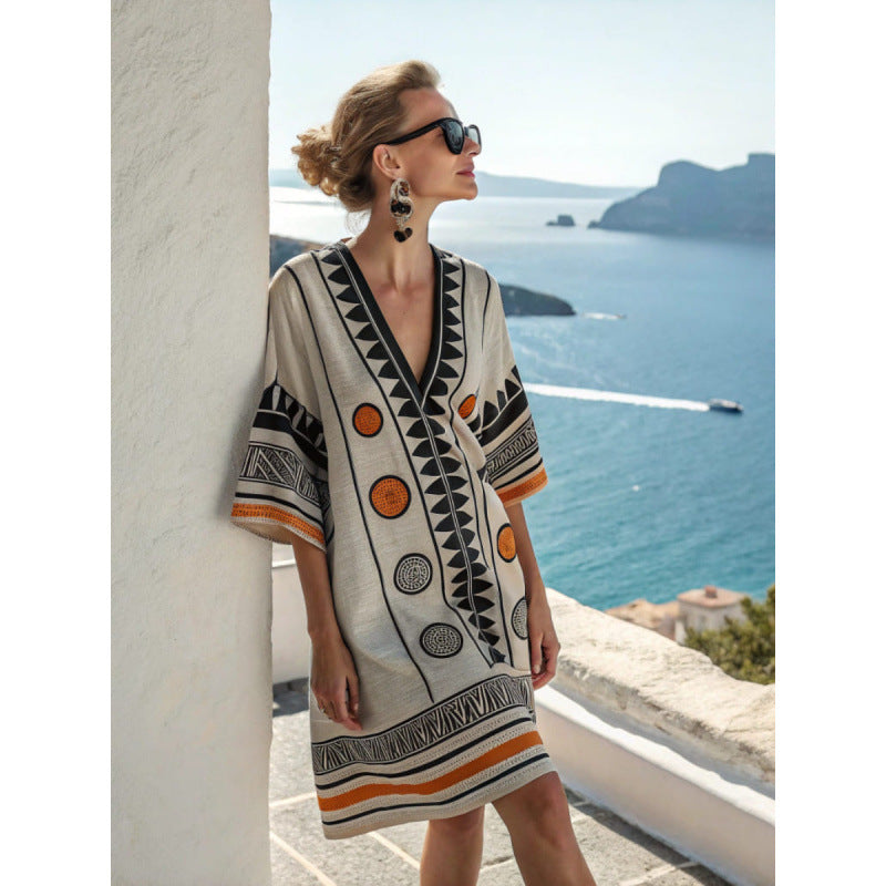 Santorini Escape | Geometric Embroidered V-Neck Resort Midi Dress