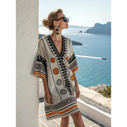 Santorini Escape | Geometric Embroidered V-Neck Resort Midi Dress