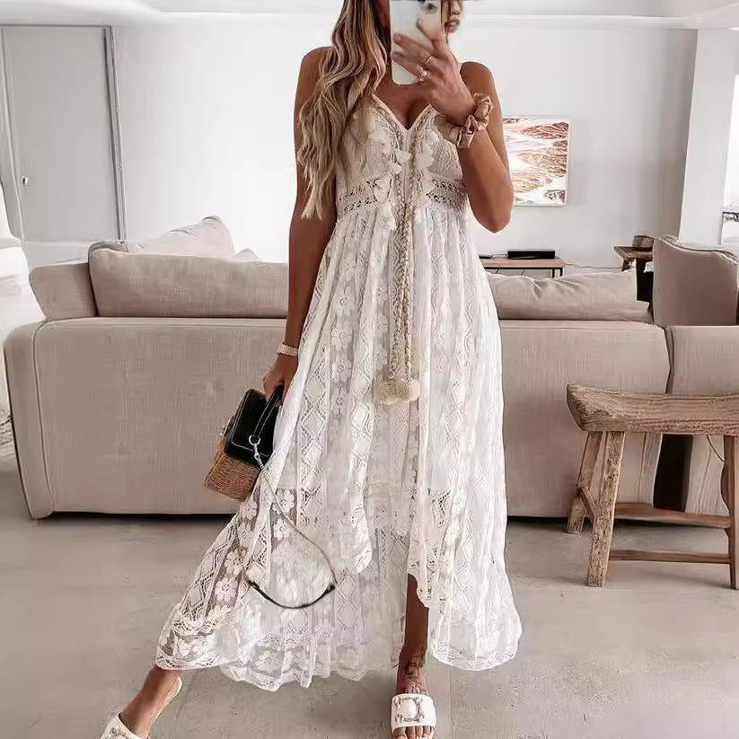 Bohemian Solstice | Strappy Lace Full Skirt Solid Color Maxi Dress