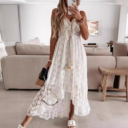 Bohemian Solstice | Strappy Lace Full Skirt Solid Color Maxi Dress