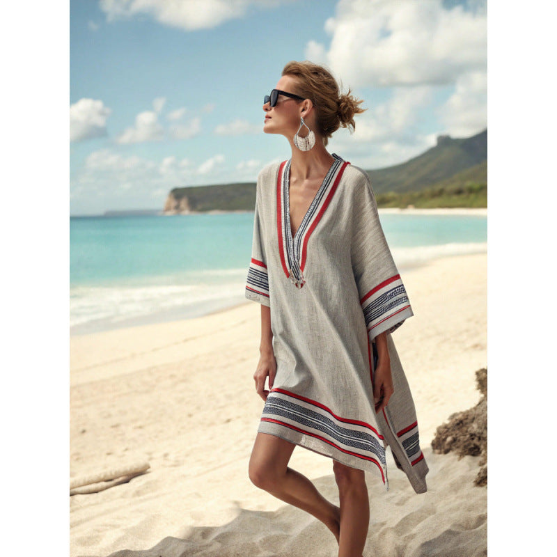 Santorini Escape | Geometric Embroidered V-Neck Resort Midi Dress