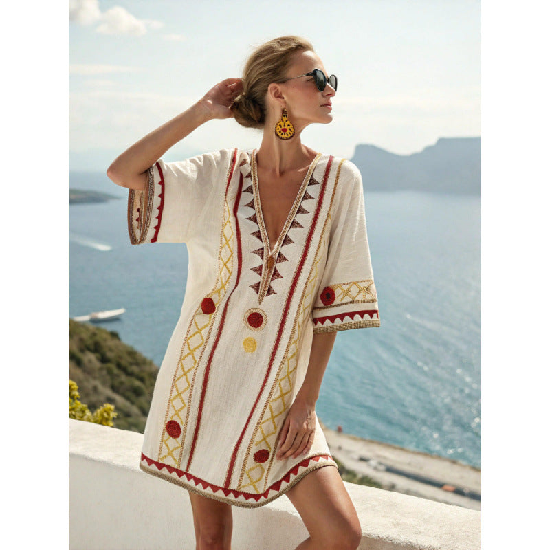 Santorini Escape | Geometric Embroidered V-Neck Resort Midi Dress