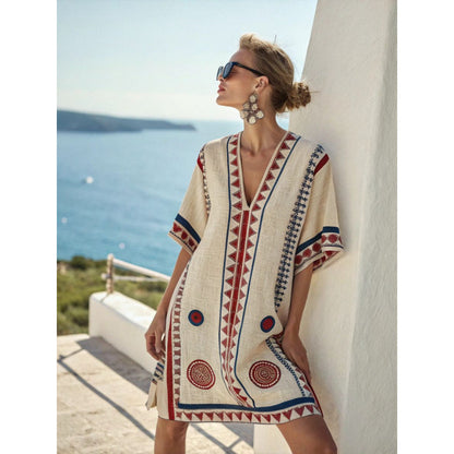 Santorini Escape | Geometric Embroidered V-Neck Resort Midi Dress