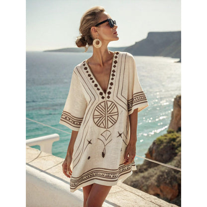 Santorini Escape | Geometric Embroidered V-Neck Resort Midi Dress