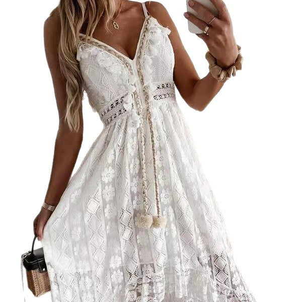 Bohemian Solstice | Strappy Lace Full Skirt Solid Color Maxi Dress