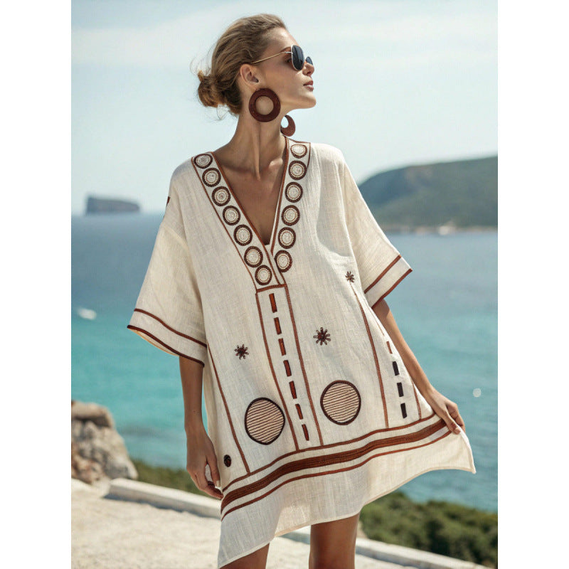 Santorini Escape | Geometric Embroidered V-Neck Resort Midi Dress