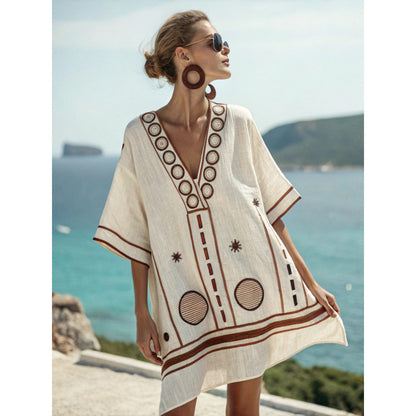 Santorini Escape | Geometric Embroidered V-Neck Resort Midi Dress