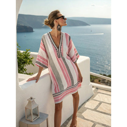 Santorini Escape | Geometric Embroidered V-Neck Resort Midi Dress