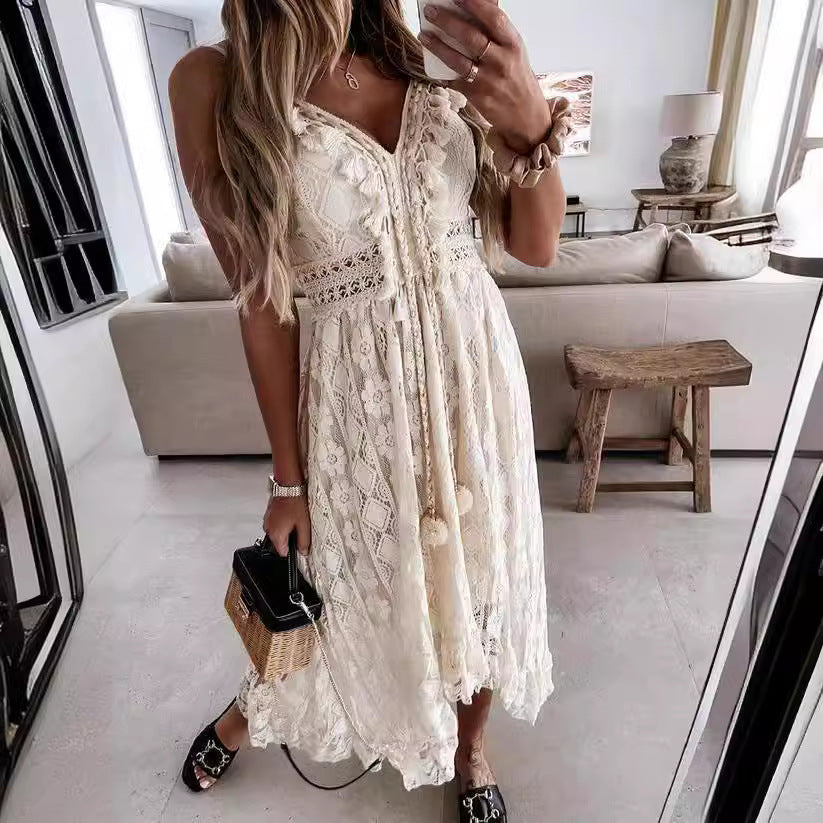 Bohemian Solstice | Strappy Lace Full Skirt Solid Color Maxi Dress