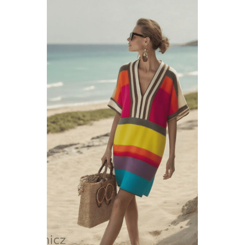 Santorini Escape | Geometric Embroidered V-Neck Resort Midi Dress