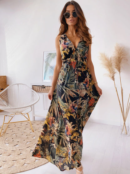 Riviera | Botanical V-Neck Backless Tie-Waist Maxi Gown