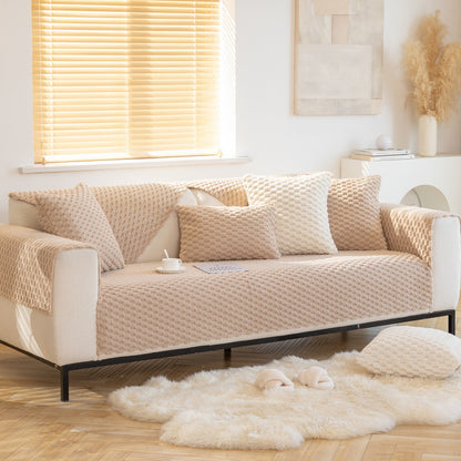 Luxury 3D Honeycomb Plush Sofa Cushion – Non-Slip Thickened Winter Couch Protector