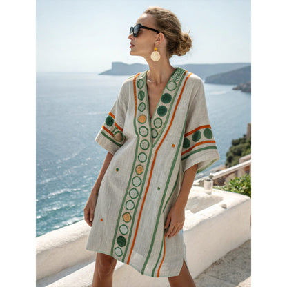 Santorini Escape | Geometric Embroidered V-Neck Resort Midi Dress