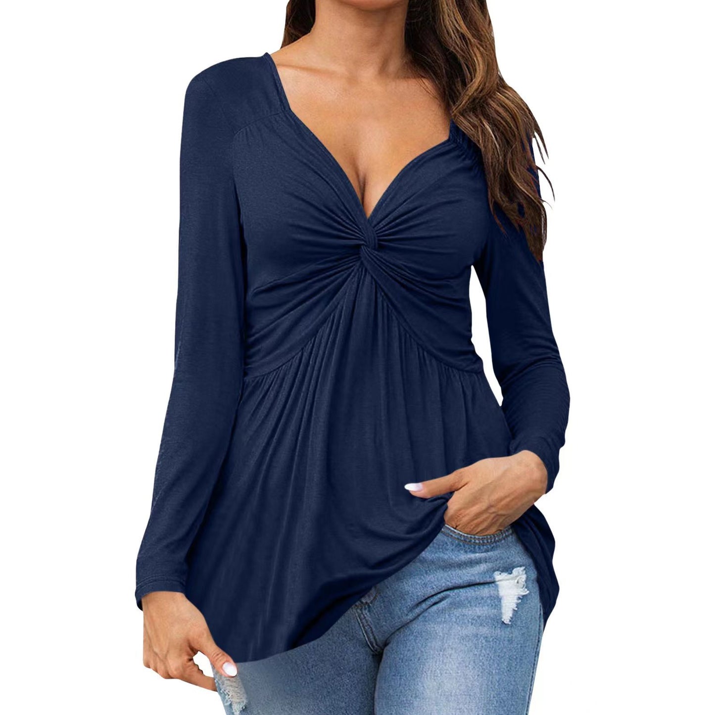The Sculpted Muse | Front-Knot V-Neck Long Sleeve Peplum Top