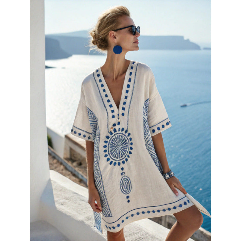 Santorini Escape | Geometric Embroidered V-Neck Resort Midi Dress
