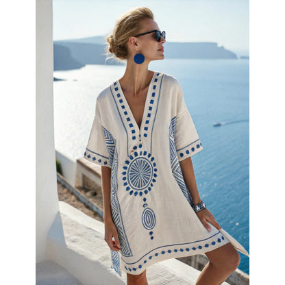 Santorini Escape | Geometric Embroidered V-Neck Resort Midi Dress