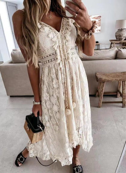 Bohemian Solstice | Strappy Lace Full Skirt Solid Color Maxi Dress