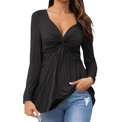 The Sculpted Muse | Front-Knot V-Neck Long Sleeve Peplum Top