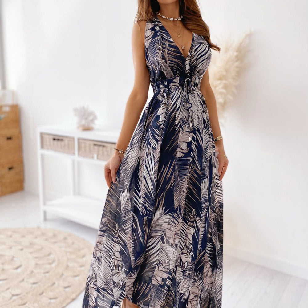 Riviera | Botanical V-Neck Backless Tie-Waist Maxi Gown